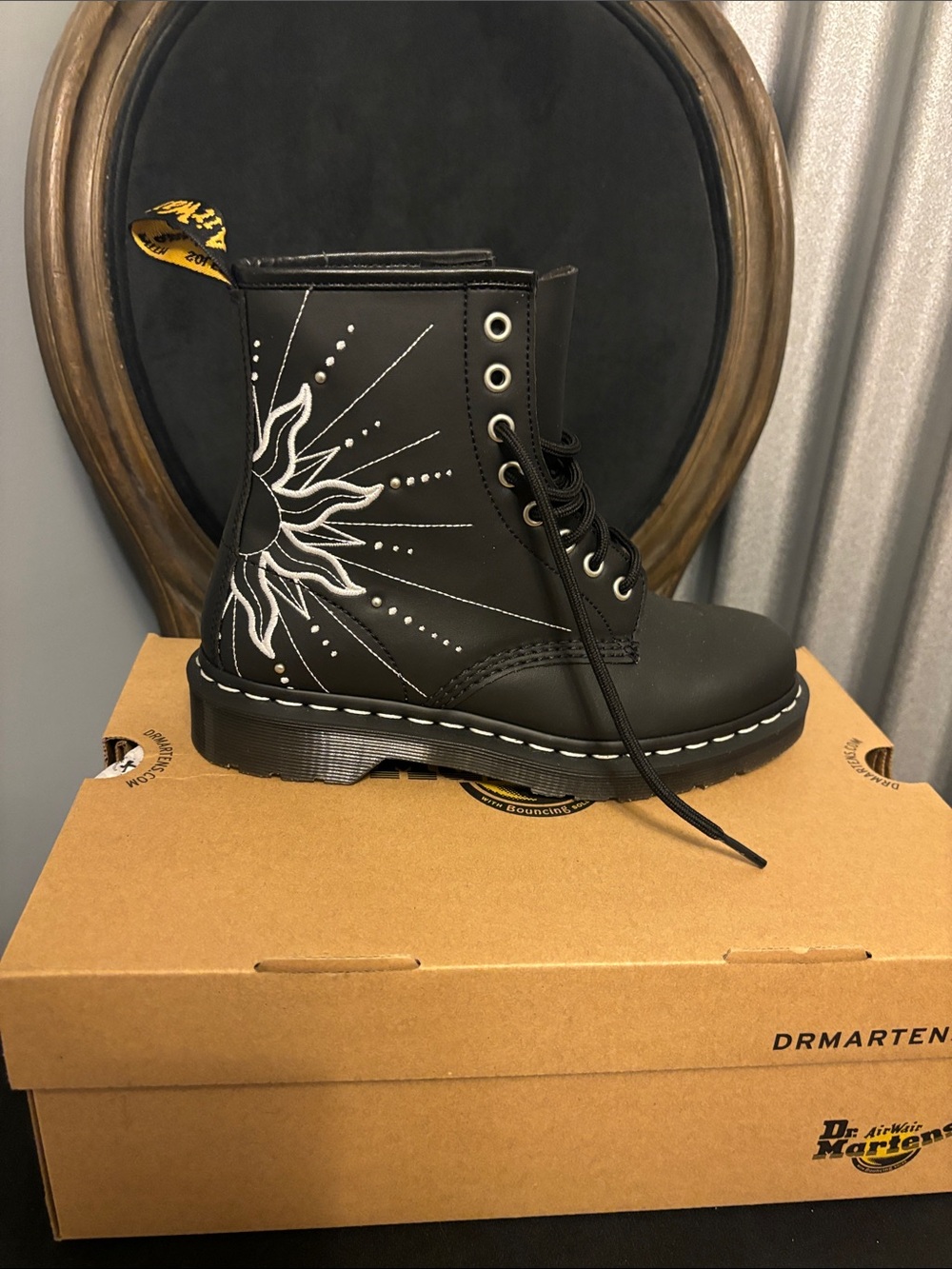 Dr. Martens Black Lace-Up Solar Flare Boots with White Sun Embroidery